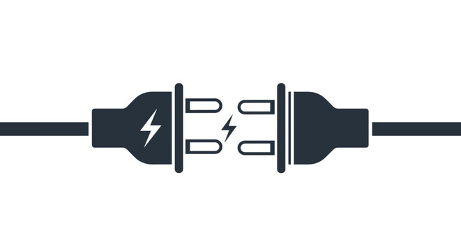 Two electric power plugs facing each other with lightning bolt sparks representing connection and electrical energy.