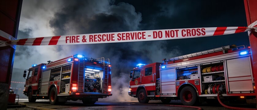 Fire Engines at the Scene of a Fire Accident at Night with Warning Tape