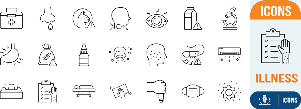 Allergy and illness symptoms line icons. microscope icon set, mask icon set, tissues icon set
