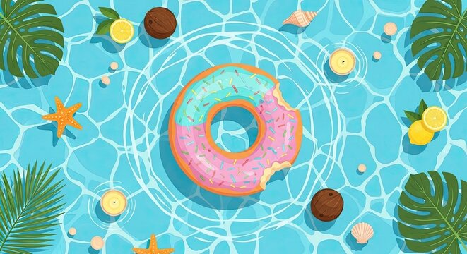 Vibrant Summer Pool Scene with Donut Float and Tropical Elements.