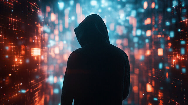 A mysterious hooded figure standing amidst a digital data stream