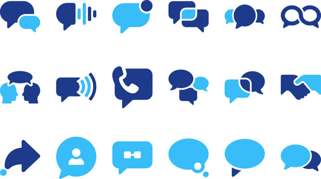 Set of communication and speech bubble icons for chat messaging and discussion online and offline.