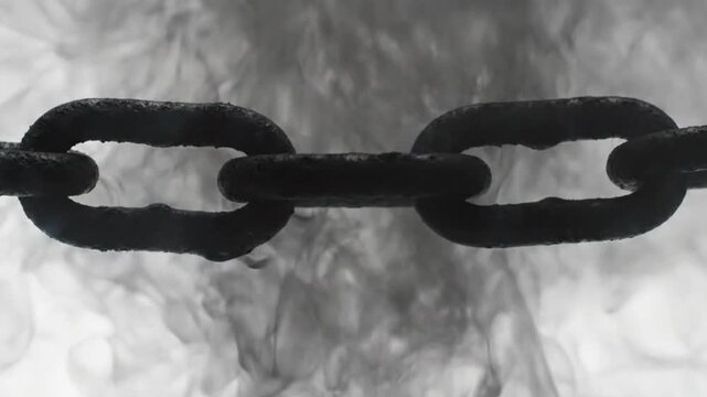A close-up view of a rusty chain links against a smoky background.
