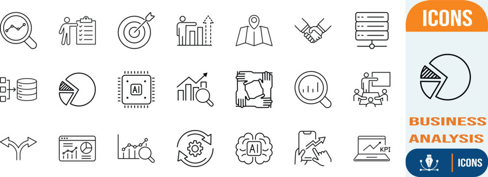 Business analytics and strategy icons. database icon set, pie chart icon set, cpu icon set