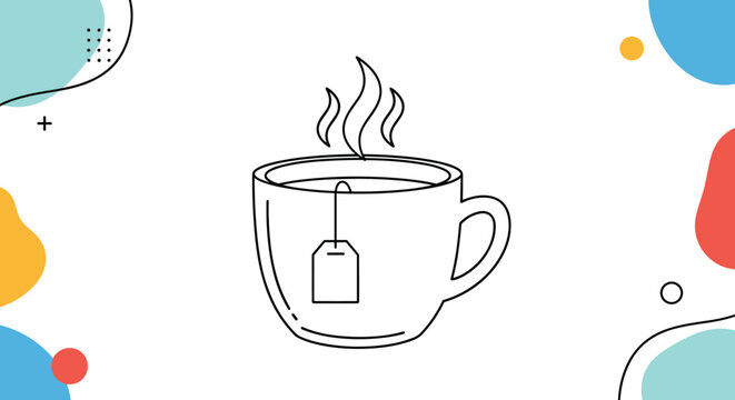 Simple line art drawing of a cup of hot tea with a tea bag and steam placed on a colorful abstract background with geometric shapes.