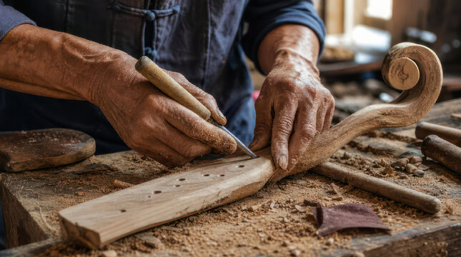 Craftsman shaping wood with hand tools in workshop.