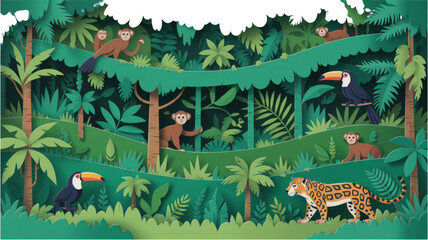 Fototapeta premium Colorful jungle scene with animals and people exploring tropical forest Vector