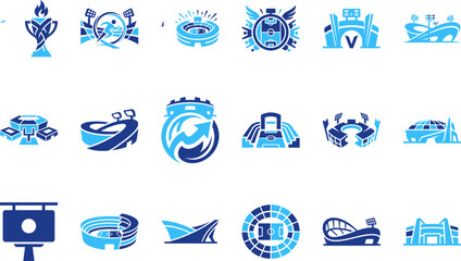 Stadium and sports venue icons arena architecture competition event venue and sports symbols vector art. © Kamalbd