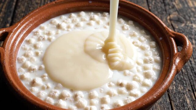 Traditional mexican dessert of wheat berries in milk, known as trigo con leche, served in a rustic clay bowl on a wooden table