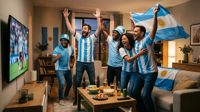 Hinchas argentinos celebrando partido de f&uacute;tbol en casa
