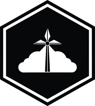 Wind turbine with cloud icon inside black hexagon badge vector template