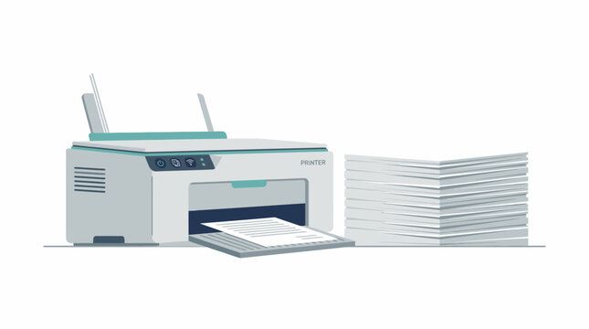 Printer with stack of paper output.