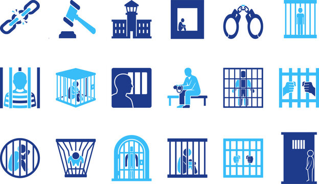 Justice and prison icons set, collection of law and confinement symbols vector.