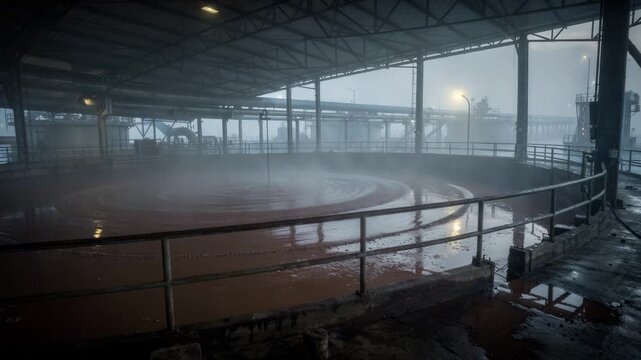 Foggy morning at a covered settling tank where red mud slowly separates from liquor creating a mysterious and atmospheric industrial scene