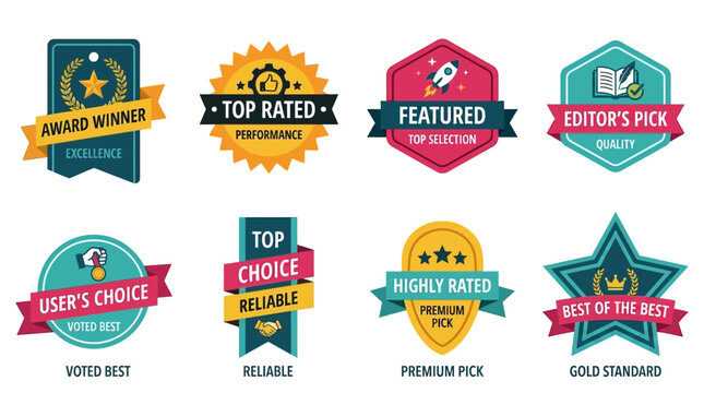 Collection of premium quality award badges and top-rated labels for excellence and achievement recognition