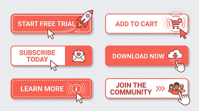 Modern collection of outlined web buttons with call-to-action text and interactive icons for digital interfaces and online user experience