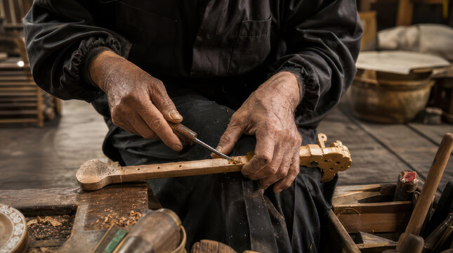 Hands of Craftsman Carving Wood Instrument with Precision.