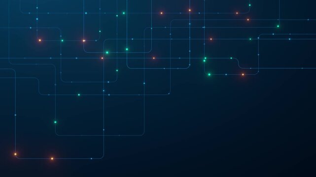 Abstract neural network circuit pattern on dark blue background with glowing green and orange nodes connected by rounded lines. Technology background for AI, machine learning, data, and innovation