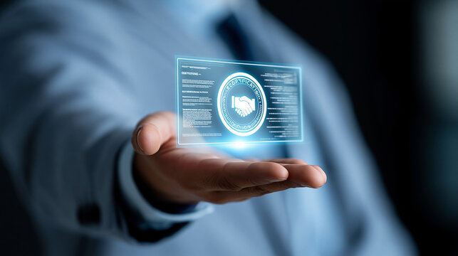 Unrecognizable professional presenting a glowing certification hologram display panel, corporate standardization and audit compliance concept, dark background, defocused, with