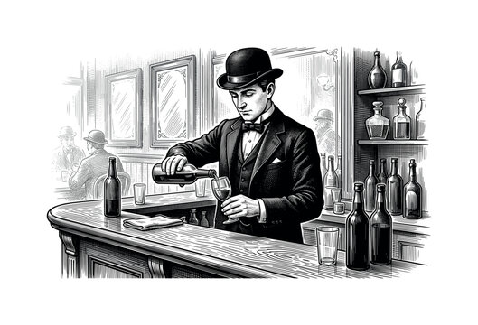 Vintage engraving illustration of a bartender or gentleman pouring a drink at a bar counter, bartender, man, drink, glass, bar,