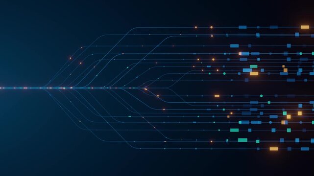Abstract data flow branching lines on dark blue background with glowing cyan, green, and orange data particles. Technology concept for AI pipeline, bigdata streaming, neural network, and digital