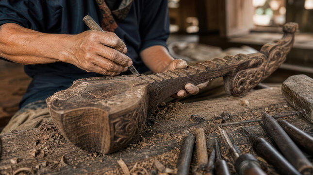 Woodcarver meticulously crafting intricate designs on a wooden sculpture.