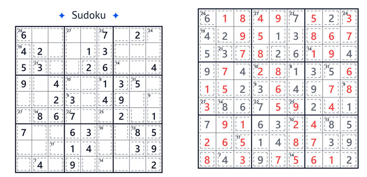 Hard killer sudoku puzzle with cage sums and solution grid