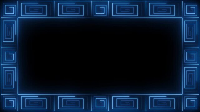 Futuristic neon blue frame with glowing maze-like spiral patterns and technological geometric borders on dark background. motion video