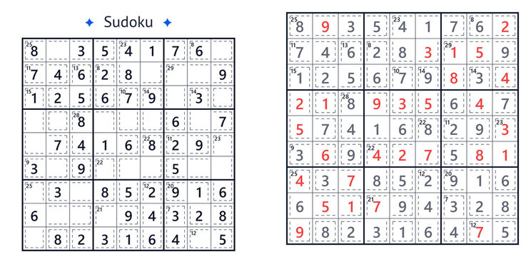 Easy killer sudoku puzzle with cage sums and solution grid