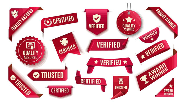 Collection of Premium Red Quality Assurance Badges, Certified Labels, and Verified Ribbons for Business and Product Trust