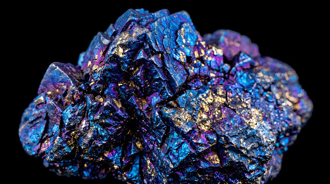 Chalcopyrite mineral cluster features metallic blue and purple iridescent surfaces with sharp crystalline geometric edges isolated on a black background to emphasize its unique geological properties.