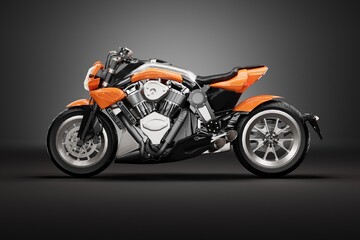 Obraz premium Side view of modern orange cruiser motorcycle isolated on dark background, professional studio 3D render with realistic details.