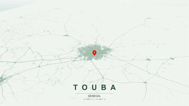 Modern minimalist vector map of Touba, Senegal. High-quality scalable illustration of Touba teocentric city grid, Route Nationale 3 connection, and Murid holy city networks for posters and design. 