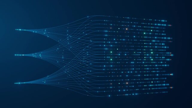 Two data source points branch into lines expanding into a colorful bokeh dot matrix on dark blue background. AI neural network visualization concept for deep learning, bigdata output, and digital