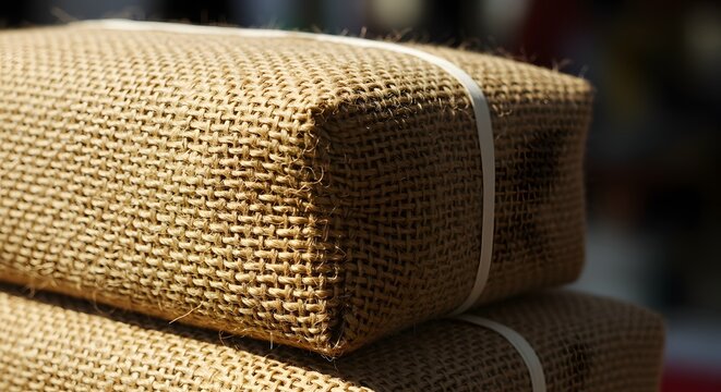 Stacked rectangular packages wrapped in sustainable natural burlap jute fabric with white string