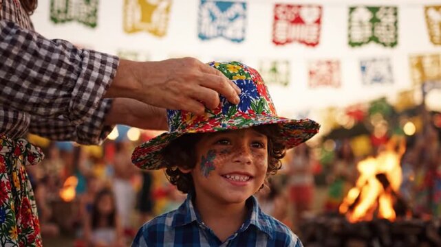 Happy child wearing a colorful floral hat at a traditional brazilian festa junina celebration with a bonfire and festive flags in the background