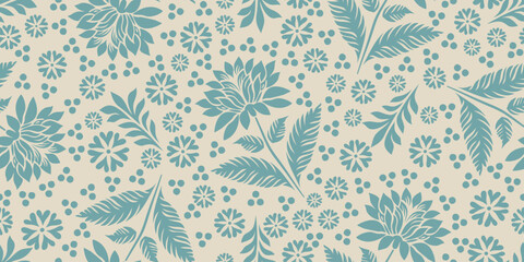 Vintage Damask Style Floral Seamless Pattern Luxury Botanical Vector Background For Wallpaper.Teal And Beige Botanical Seamless Pattern Baroque Inspired Flowers Leaves Vector Fabric Design © supachai