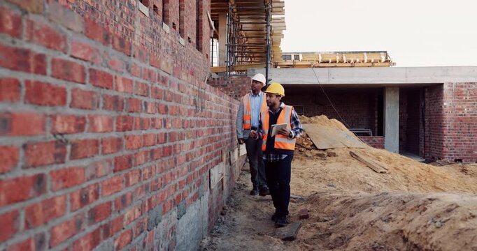 Civil engineer, teamwork and men with tablet at construction site, architecture or safety inspection. Architect, discussion and people with tech for property development, point and project on website