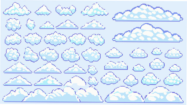 pixelated clouds in various shapes on light blue background cloud pixel art sky elements weather icons game assets retro graphics digital