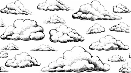 Fototapeta premium cumulus clouds in black and white sketch style drawing sky weather atmosphere nature pattern background vector artwork illustration design graphic element