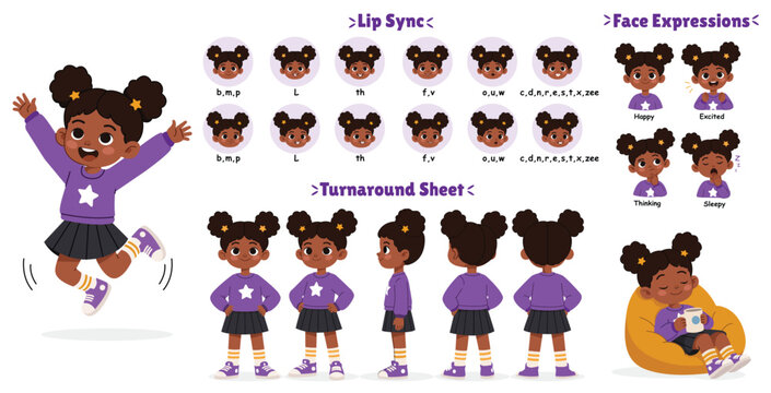 Cute African American Girl Character Model Sheet with Turnaround, Lip Sync and Facial Expressions for 2D Animation