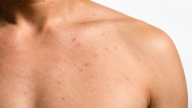 man with acne on chest skin. Close up of male torso showing dermatological problem, skin inflammation and rash. Concept of skincare, health issue, dermatology treatment and body care