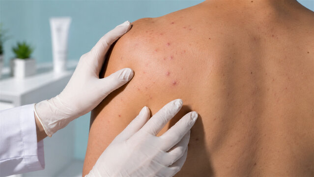 dermatologist examining acne on back of patient. Specialist checking skin condition with inflammation. Healthcare professional providing consultation for skin care and medical treatment