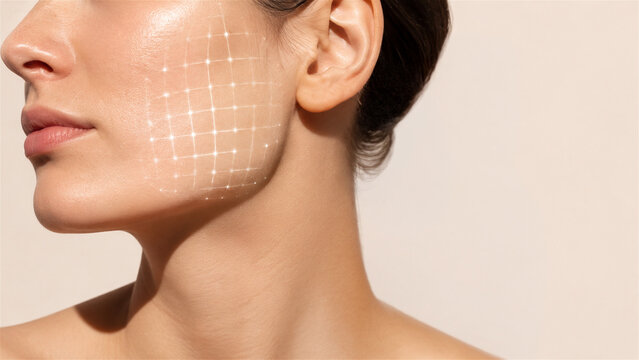 woman receiving facial skin analysis with digital grid projection. Innovative dermatological diagnostic and cosmetic procedure for rejuvenation. Skincare technology and health checkup