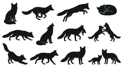 Obraz premium Fox Silhouette Set – 12 Poses Black Vector Clipart Wildlife Collection