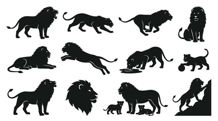 Fototapeta premium Lion Silhouette Set – 12 Poses Black Vector Clipart Wildlife Collection