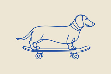 Continuous line drawing of a dachshund dog riding a skateboard outline sketch vector illustration © Business Technology