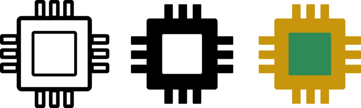 Computer microchip processor icons set in different styles with microchip processor technology hardware computer