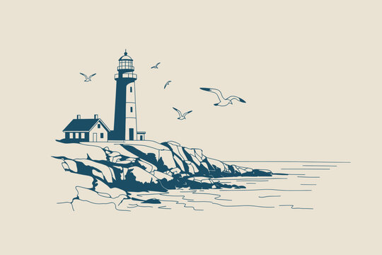 Minimalist lighthouse illustration on rocky coastline outline sketch vector illustration