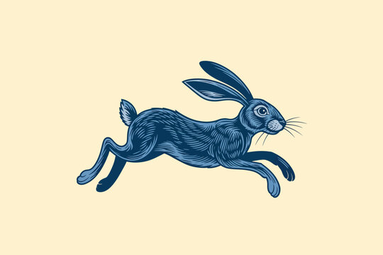 Running hare illustration in vintage woodcut style outline sketch vector illustration